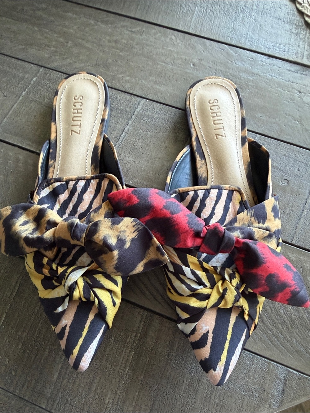 SCHUTZ Ricky Leopard & Zebra Knot-Front Slide Mules in Tan, Black, Yellow & Red
